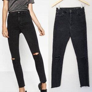 Zara High Waist Ripped Knee Skinny Jeans Raw Hem Size 4 Faded Black Grunge Moto